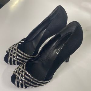 Ralph Lauren Black Satin Rhinestone Open Toe Heels Size 6 2-6